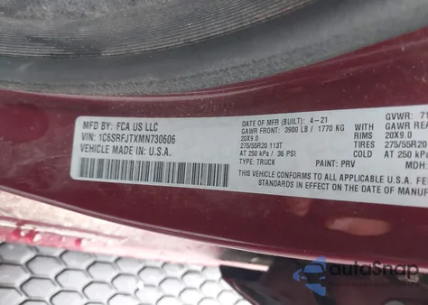 2021 Ram 1500 Laramie 4X4 5'7 Box from USA, damaged, VIN 1C6SRFJTXMN730606